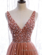 A-Line Formal Prom Dresses Elegant Dresses Party Wear Court Train Sleeveless V Neck Polyester With Pearls Embroidery