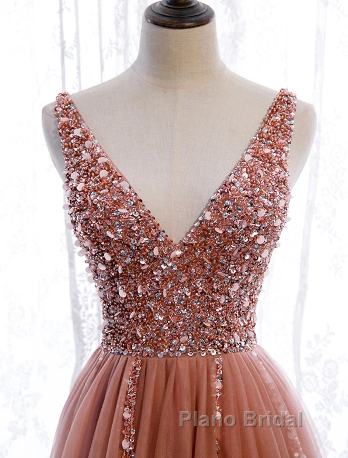 A-Line Formal Prom Dresses Elegant Dresses Party Wear Court Train Sleeveless V Neck Polyester With Pearls Embroidery