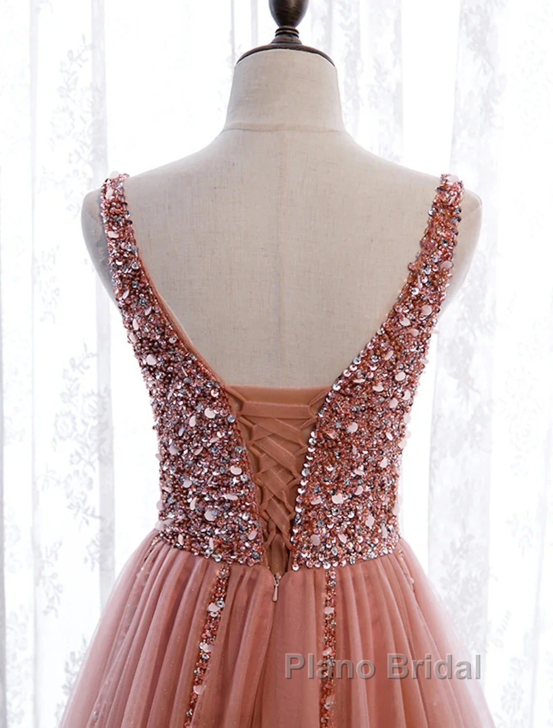 A-Line Formal Prom Dresses Elegant Dresses Party Wear Court Train Sleeveless V Neck Polyester With Pearls Embroidery