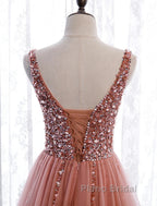 A-Line Formal Prom Dresses Elegant Dresses Party Wear Court Train Sleeveless V Neck Polyester With Pearls Embroidery