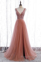 A-Line Formal Prom Dresses Elegant Dresses Party Wear Court Train Sleeveless V Neck Polyester With Pearls Embroidery
