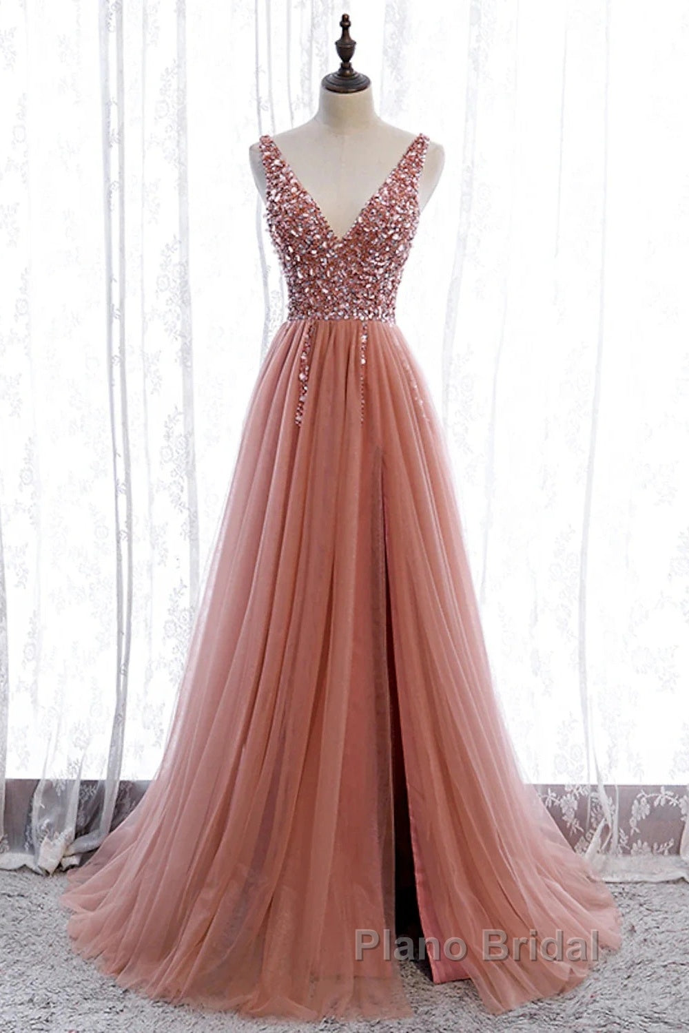 A-Line Formal Prom Dresses Elegant Dresses Party Wear Court Train Sleeveless V Neck Polyester With Pearls Embroidery