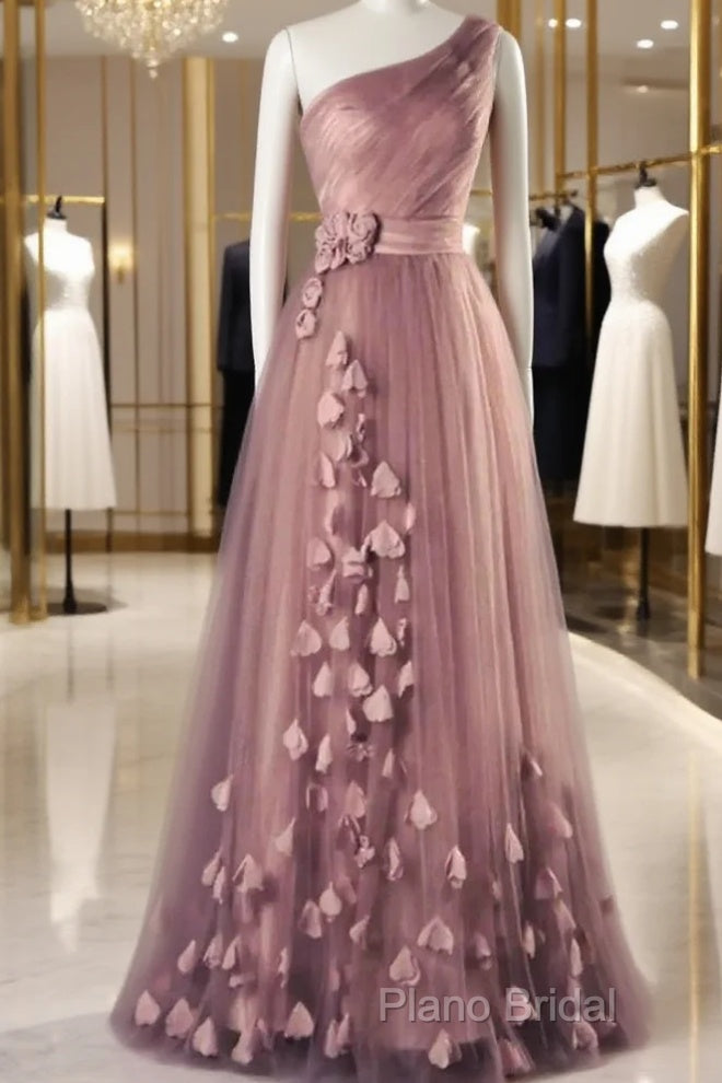 A-Line Formal Prom Dresses Elegant Dresses Wedding Floor Length Sleeveless One Shoulder Tulle With Appliques