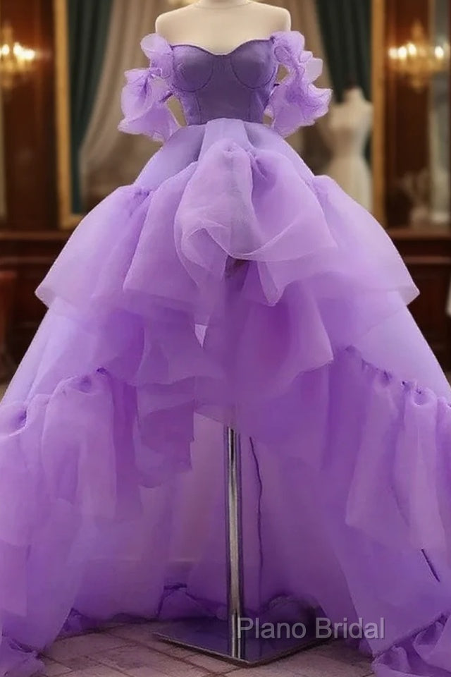 A-Line Formal Prom Dresses High Low Dresses Quinceanera Asymmetrical Purple Short Sleeve Off Shoulder Tulle With Tier Main image