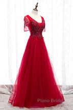 A-Line Formal Prom Dresses Luxurious Dresses Wedding Guest Formal Evening Floor Length Short Sleeve Spaghetti Strap Tulle