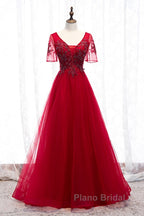 A-Line Formal Prom Dresses Luxurious Dresses Wedding Guest Formal Evening Floor Length Short Sleeve Spaghetti Strap Tulle