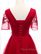 A-Line Formal Prom Dresses Luxurious Dresses Wedding Guest Formal Evening Floor Length Short Sleeve Spaghetti Strap Tulle