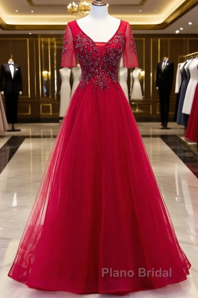 A-Line Formal Prom Dresses Luxurious Dresses Wedding Guest Formal Evening Floor Length Short Sleeve Spaghetti Strap Tulle Main image