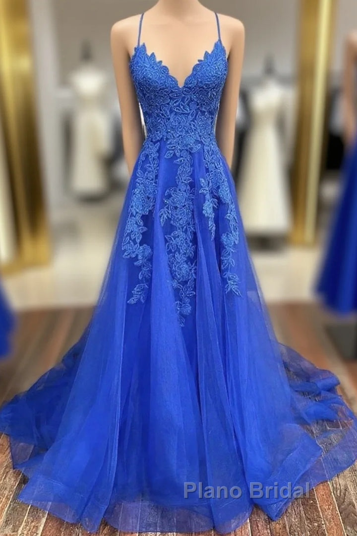 A-Line Formal Prom Dresses Open Back Dresses Formal Prom Court Train Sleeveless V Neck Tulle Backless V Back With Beading Appliques Main image
