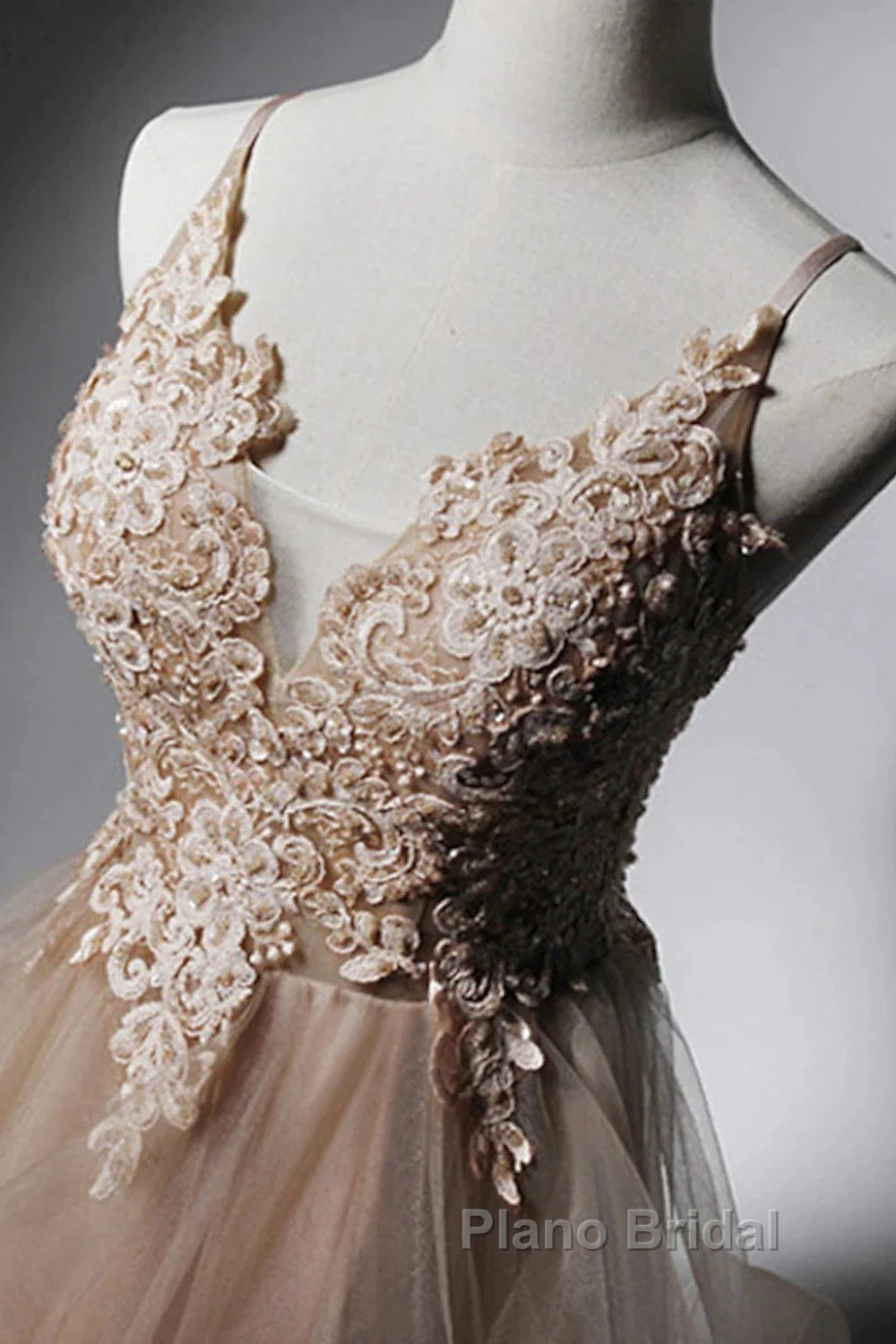 A-Line Formal Prom Dresses Open Back Dresses Formal Wedding Party Floor Length Sleeveless Spaghetti Strap Lace With Ruffles Appliques