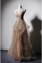 A-Line Formal Prom Dresses Open Back Dresses Formal Wedding Party Floor Length Sleeveless Spaghetti Strap Lace With Ruffles Appliques