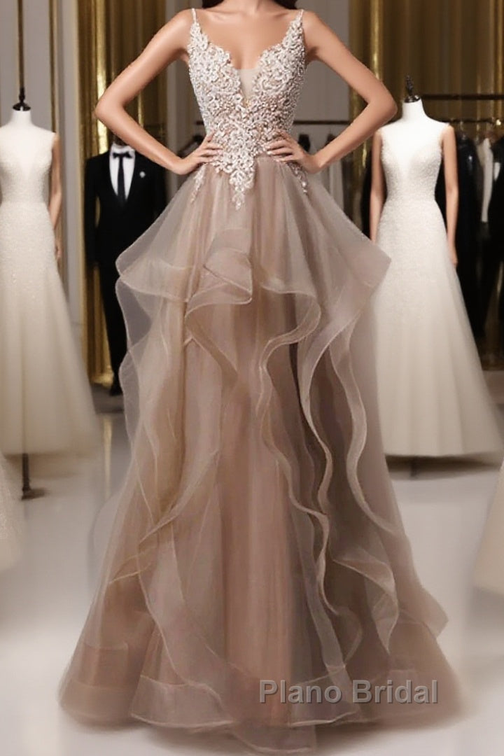 A-Line Formal Prom Dresses Open Back Dresses Formal Wedding Party Floor Length Sleeveless Spaghetti Strap Lace With Ruffles Appliques Main image