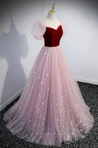 A-Line Formal Prom Dresses Princess Dresses Formal Prom Floor Length Short Sleeve Sweetheart Tulle With Sequin