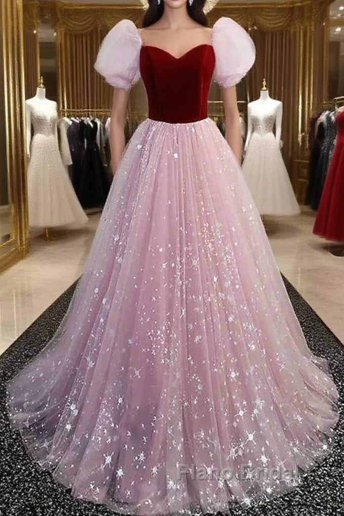 A-Line Formal Prom Dresses Princess Dresses Formal Prom Floor Length Short Sleeve Sweetheart Tulle With Sequin