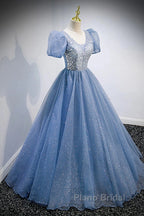 A-Line Formal Prom Dresses Puffy Dresses Quinceanera Floor Length Short Sleeve V Neck Tulle With Sequin