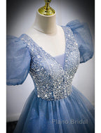 A-Line Formal Prom Dresses Puffy Dresses Quinceanera Floor Length Short Sleeve V Neck Tulle With Sequin
