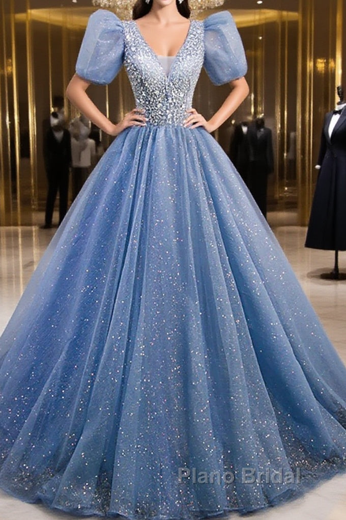A-Line Formal Prom Dresses Puffy Dresses Quinceanera Floor Length Short Sleeve V Neck Tulle With Sequin Main image
