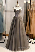 A-Line Formal Prom Dresses Sexy Dresses Formal Floor Length Sleeveless Strap Tulle With Pleats Crystals