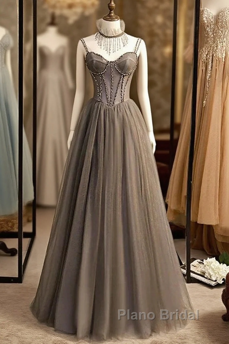 A-Line Formal Prom Dresses Sexy Dresses Formal Floor Length Sleeveless Strap Tulle With Pleats Crystals Main image