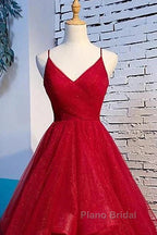 A-Line Formal Prom Dresses Sexy Dresses Party Wear Floor Length Sleeveless Spaghetti Strap Tulle With Ruffles