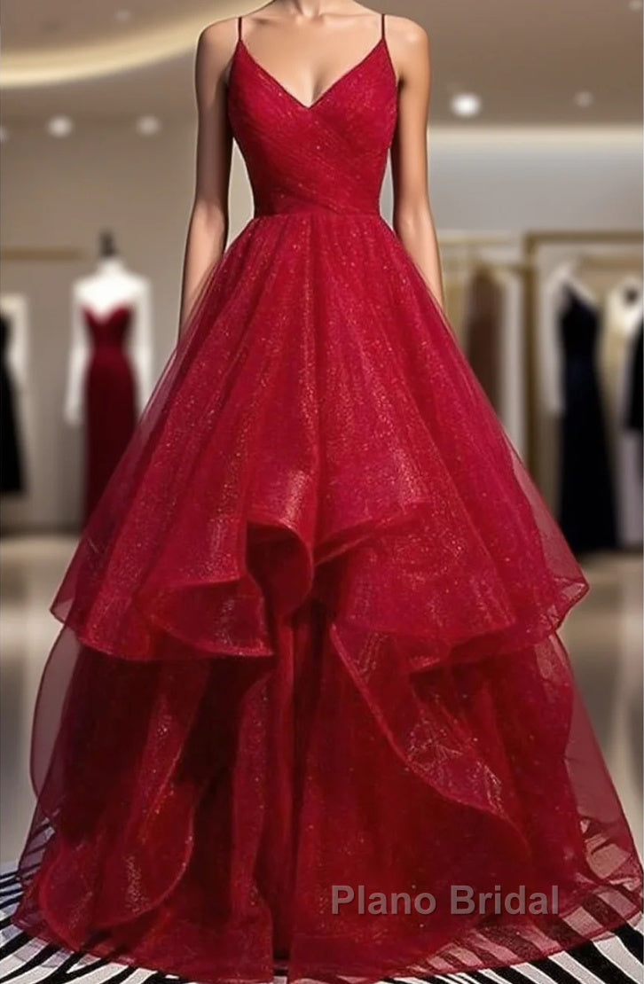 A-Line Formal Prom Dresses Sexy Dresses Party Wear Floor Length Sleeveless Spaghetti Strap Tulle With Ruffles Main image