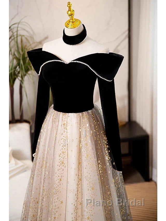 A-Line Formal Prom Dresses Sparkle & Shine Dresses Engagement Floor Length Long Sleeve Sweetheart Tulle With Sequin