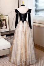 A-Line Formal Prom Dresses Sparkle & Shine Dresses Engagement Floor Length Long Sleeve Sweetheart Tulle With Sequin