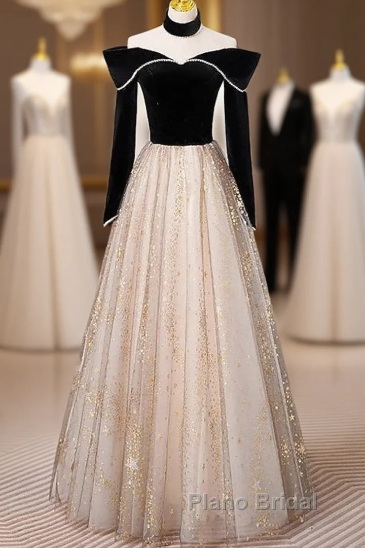 A-Line Formal Prom Dresses Sparkle & Shine Dresses Engagement Floor Length Long Sleeve Sweetheart Tulle With Sequin Main image