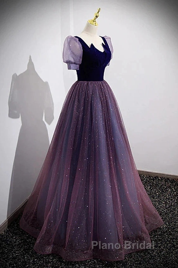 A-Line Formal Prom Dresses Sparkle & Shine Dresses Formal Prom Floor Length Short Sleeve Scoop Neck Tulle With Sequin Secondary image