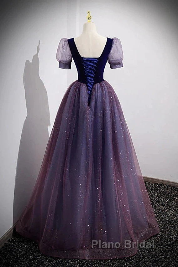 A-Line Formal Prom Dresses Sparkle & Shine Dresses Formal Prom Floor Length Short Sleeve Scoop Neck Tulle With Sequin