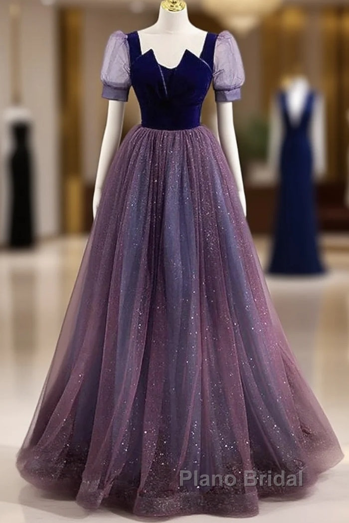 A-Line Formal Prom Dresses Sparkle & Shine Dresses Formal Prom Floor Length Short Sleeve Scoop Neck Tulle With Sequin Main image