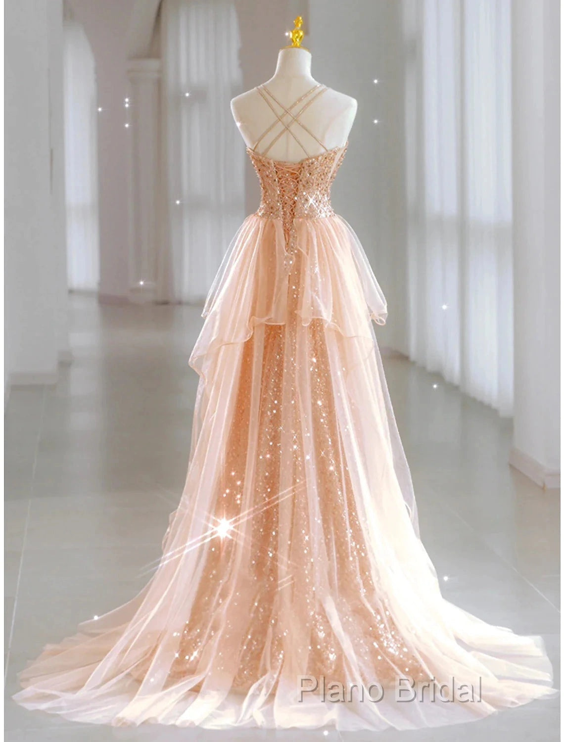 A-Line Formal Prom Dresses Sparkle & Shine Dresses Sweet 16 Birthday Floor Length Sleeveless Sweetheart Tulle With Sequin Secondary image