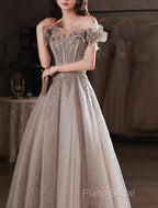 A-Line Formal Prom Dresses Sparkle & Shine Dresses Wedding Guest Formal Prom Floor Length Short Sleeve Off Shoulder Polyester With Sequin Ruffles