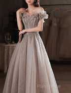 A-Line Formal Prom Dresses Sparkle & Shine Dresses Wedding Guest Formal Prom Floor Length Short Sleeve Off Shoulder Polyester With Sequin Ruffles