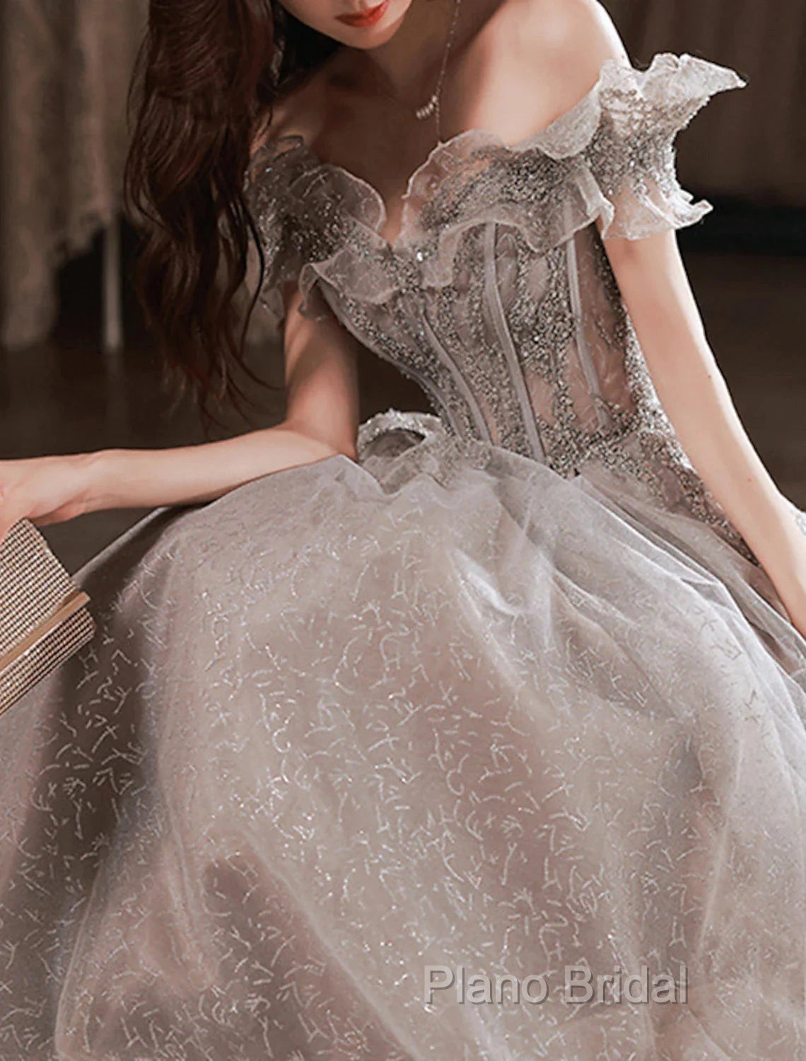 A-Line Formal Prom Dresses Sparkle & Shine Dresses Wedding Guest Formal Prom Floor Length Short Sleeve Off Shoulder Polyester With Sequin Ruffles