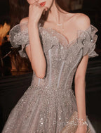 A-Line Formal Prom Dresses Sparkle & Shine Dresses Wedding Guest Formal Prom Floor Length Short Sleeve Off Shoulder Polyester With Sequin Ruffles