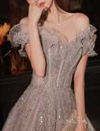 A-Line Formal Prom Dresses Sparkle & Shine Dresses Wedding Guest Formal Prom Floor Length Short Sleeve Off Shoulder Polyester With Sequin Ruffles