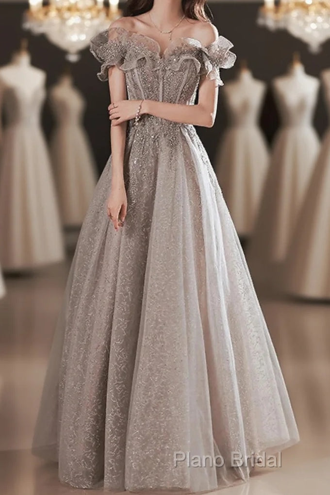 A-Line Formal Prom Dresses Sparkle & Shine Dresses Wedding Guest Formal Prom Floor Length Short Sleeve Off Shoulder Polyester With Sequin Ruffles Main image