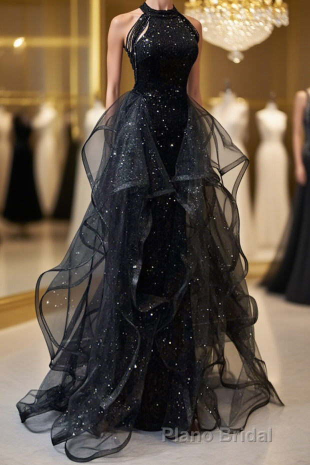 A-Line Formal Prom Dresses Sparkle & Shine Dresses Wedding Party Sweep / Brush Train Sleeveless Sequined with Crystals Sequin Ruffles Main image