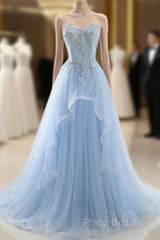 A Line Formal Prom Dresses Sweetheart Tulle With Applique Sweep Train