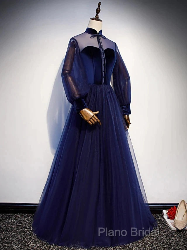 A-Line Formal Prom Dresses Vintage Dresses Party Wear Floor Length Long Sleeve Stand Collar Tulle With Bow(S) Strappy