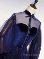 A-Line Formal Prom Dresses Vintage Dresses Party Wear Floor Length Long Sleeve Stand Collar Tulle With Bow(S) Strappy