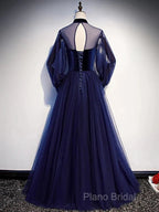A-Line Formal Prom Dresses Vintage Dresses Party Wear Floor Length Long Sleeve Stand Collar Tulle With Bow(S) Strappy