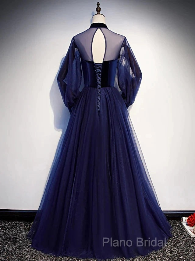 A-Line Formal Prom Dresses Vintage Dresses Party Wear Floor Length Long Sleeve Stand Collar Tulle With Bow(S) Strappy