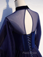 A-Line Formal Prom Dresses Vintage Dresses Party Wear Floor Length Long Sleeve Stand Collar Tulle With Bow(S) Strappy