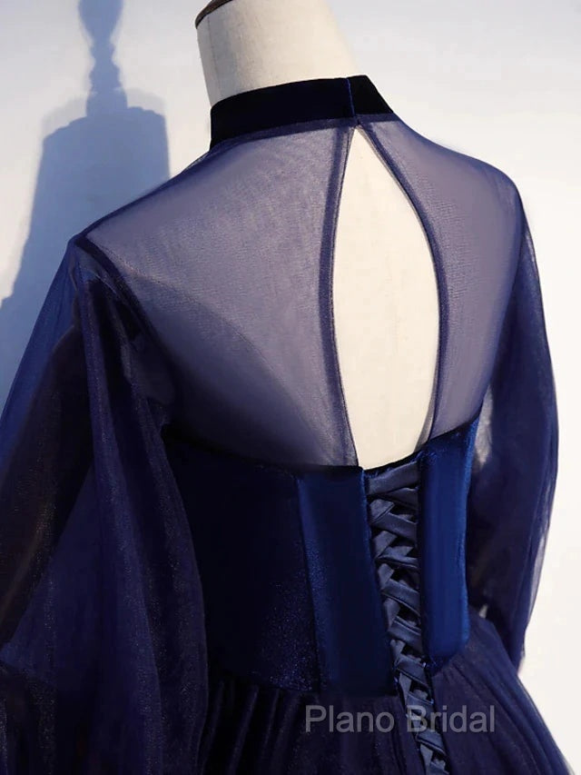 A-Line Formal Prom Dresses Vintage Dresses Party Wear Floor Length Long Sleeve Stand Collar Tulle With Bow(S) Strappy