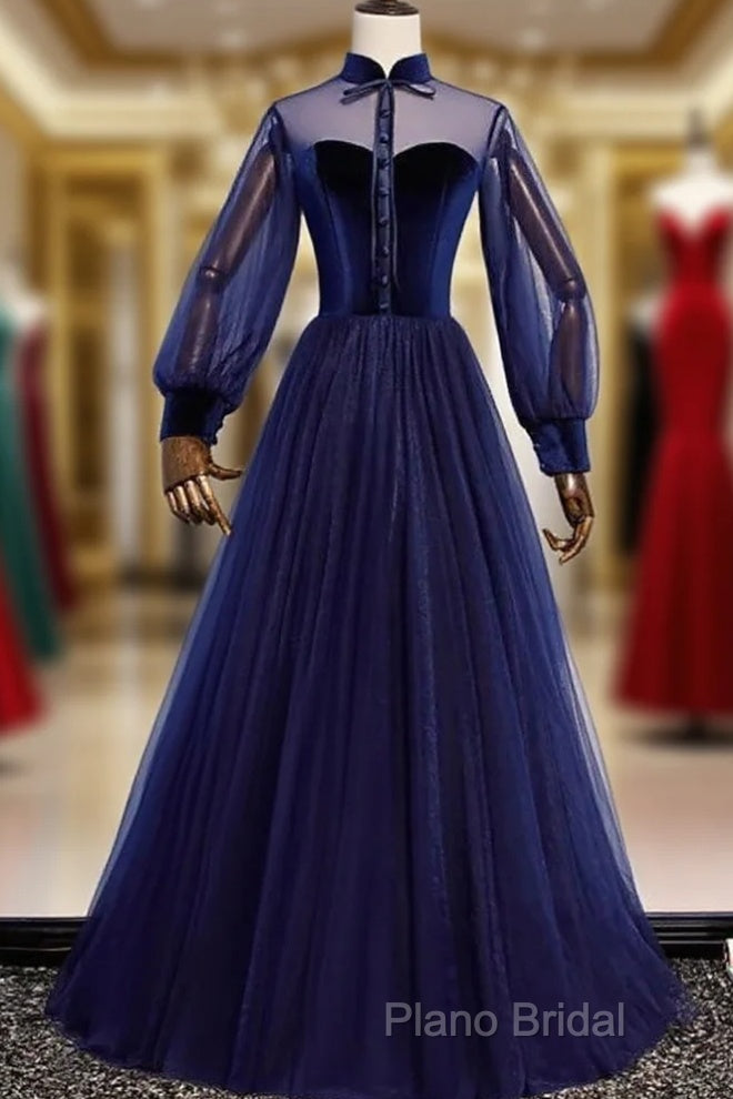 A-Line Formal Prom Dresses Vintage Dresses Party Wear Floor Length Long Sleeve Stand Collar Tulle With Bow(S) Strappy Main image