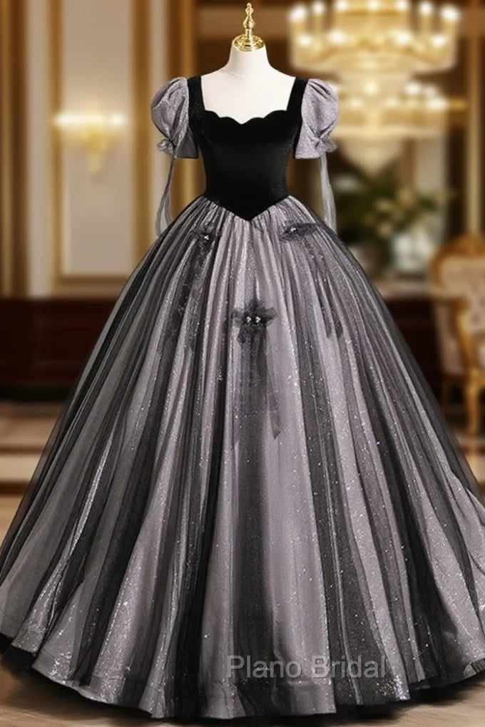 A-Line Puff Sleeves Black Long Formal Prom Dresses, Black Sweet 16 Dresses