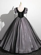 A-Line Puff Sleeves Black Long Formal Prom Dresses, Black Sweet 16 Dresses