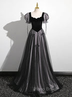 A-Line Puff Sleeves Black Long Formal Prom Dresses, Black Sweet 16 Dresses